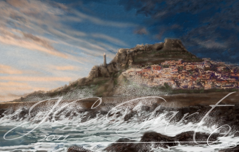 Contemporary fine art digital paintings: Castelsardo, digital painting with Castelsardo, digital painting Castelsardo realized in fine art digital painting - medieval castle - castle - Sardinia - tourism - Italy - sea - seascape - Asinara gulf - mistral wind - sunset