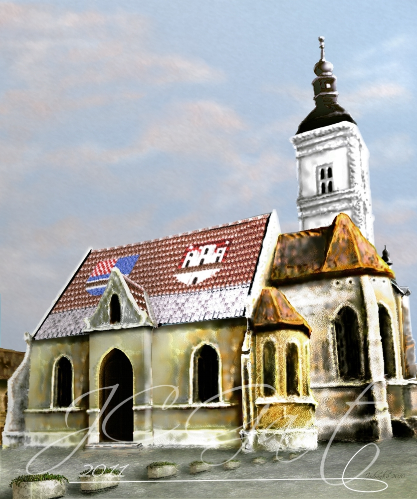 Contemporary fine art digital paintings: zagreb, digital painting with zagreb, digital painting zagreb realized in fine art digital painting - church - romanic style - gothic style - Zagreb - Croatia - old town mosaic roof tiles