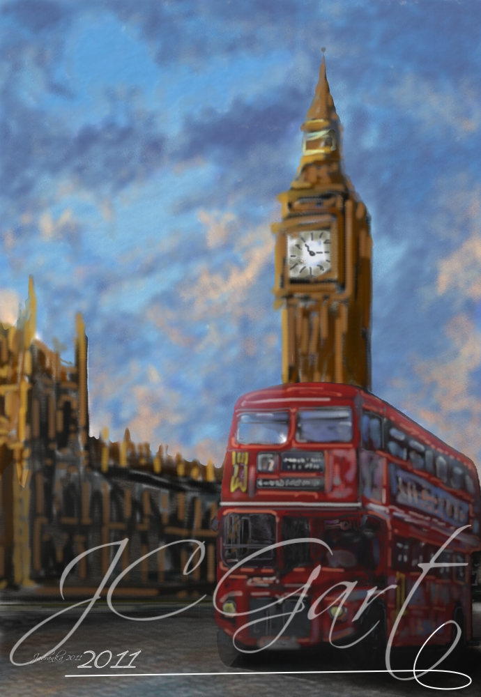 Contemporary fine art digital paintings: Greetings from London, digital painting with Greetings from London, digital painting Greetings from London realized in fine art digital painting- Big Ben - London - two levels bus - travel - journey - postcard