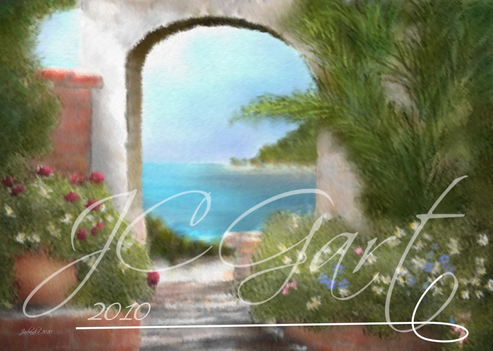 Contemporary fine art digital paintings: Mediterranean view, digital painting Mediterranean view realized in fine art digital painting