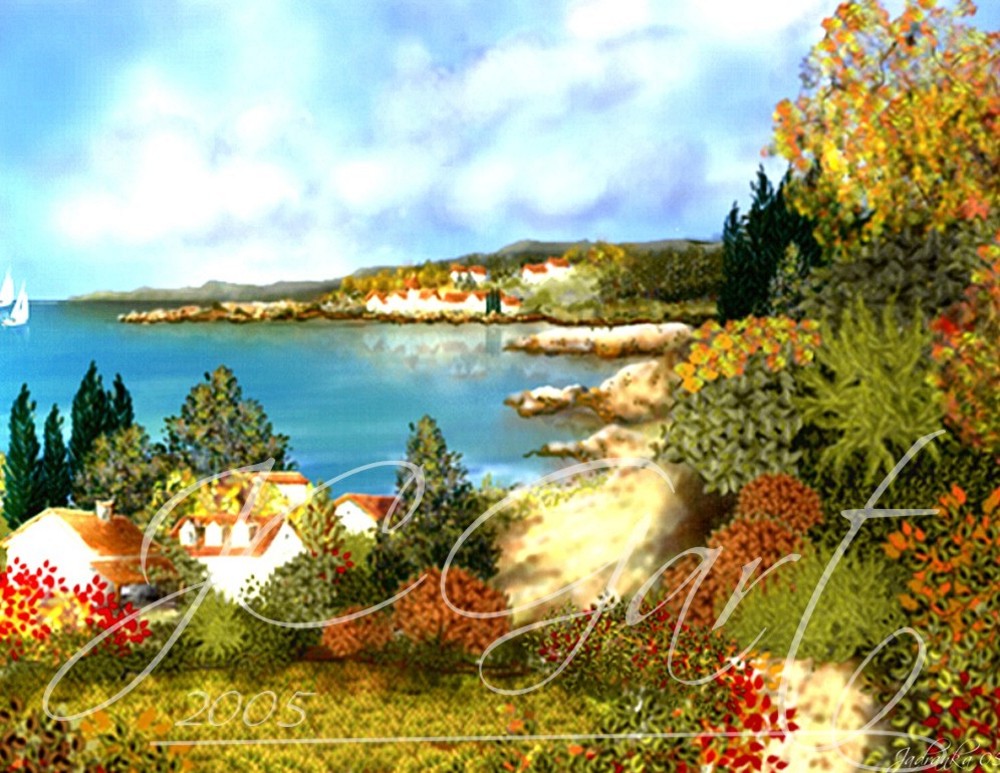 Contemporary fine art digital paintings: baia provenzale europe landscape, digital painting with baia provenzale an europe landscape, digital painting baia provenzale landscape realized in fine art digital painting - landscape - seascape - water reflections - skyscape - fall - fall colors - cool colors - architectural stiles - France - Provence - contemporary realism