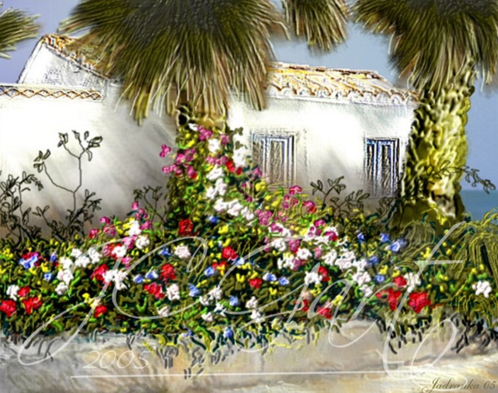 Contemporary fine art digital paintings: Casita Vieja, digital painting with canarie islands landscape, digital painting european canarie islands landscape realized in fine art digital painting - Spain - Canary Islands - garden - palm trees - flowers - house