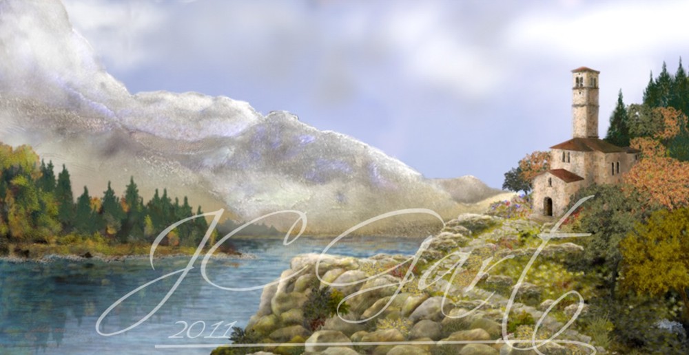 Contemporary fine art digital paintings: italian lake landscape, digital painting with italian lake landscape, digital painting italian lake landscape realized in fine art digital painting - landscape - view - lake - mountains - church - trees - antique architecture - Lombardy - Italy