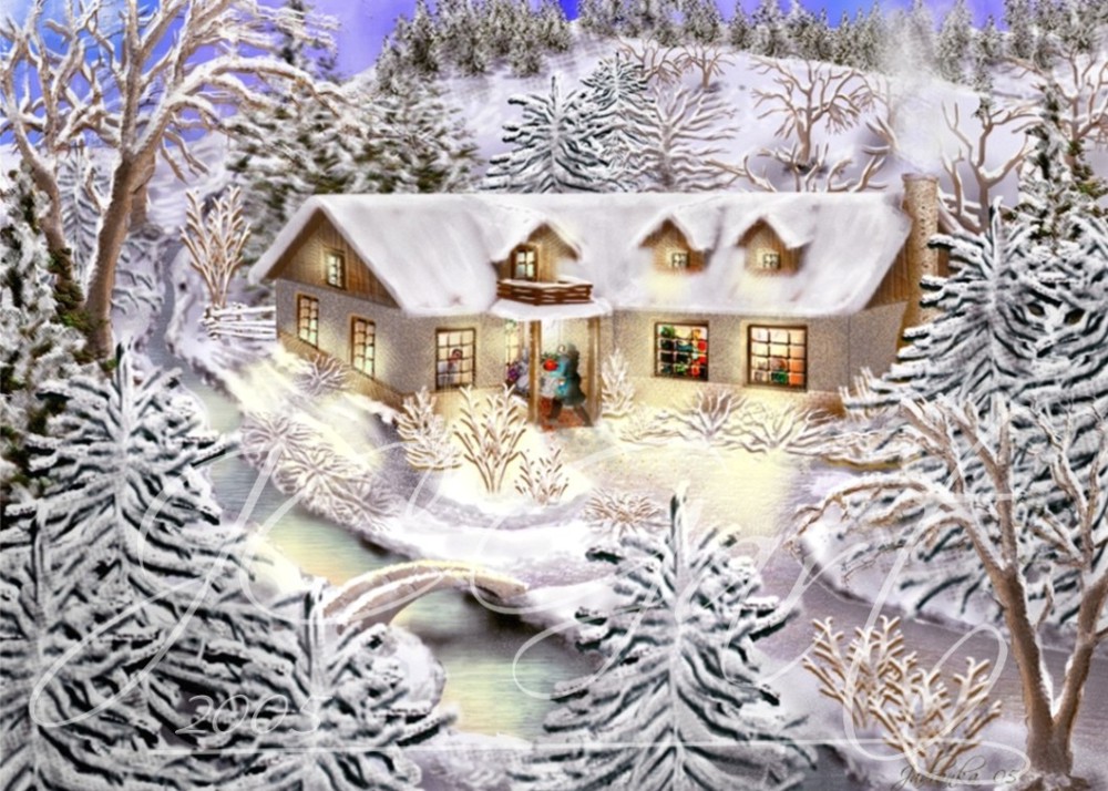 Contemporary fine art digital paintings: christmas eve, digital painting with christmas, digital painting christmas realized in fine art digital painting - religious image - Christmas - Christmas Eve - party - family reunion - light - twilight bleu - snow- pine trees - Christmas tree