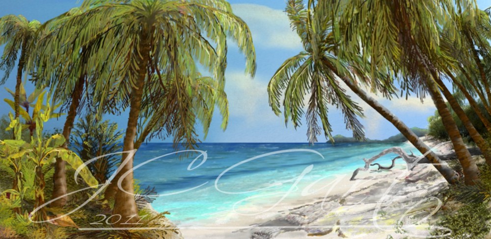 Quadro moderno arte contemporanea digitale: Sognando i tropici, quadro moderno con paesaggio marino spiaggia africa, quadro spiagge tropicali africane realizzato in fine art digital painting