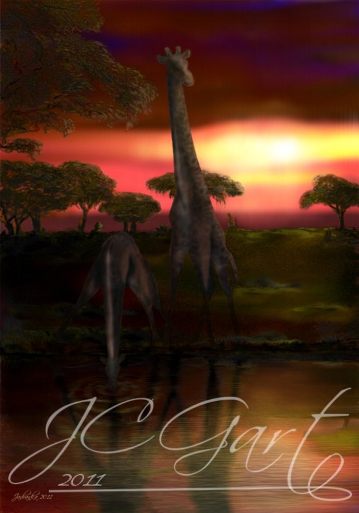 Contemporary fine art digital paintings: giraffe, digital painting with giraffe, digital painting giraffe realized in fine art digital painting - giraffe - giraffe physiology - pond - sentinel - sunset - tropical sunset - reflection in a water - red - cool colors - African savannah - safari - travel - landscape