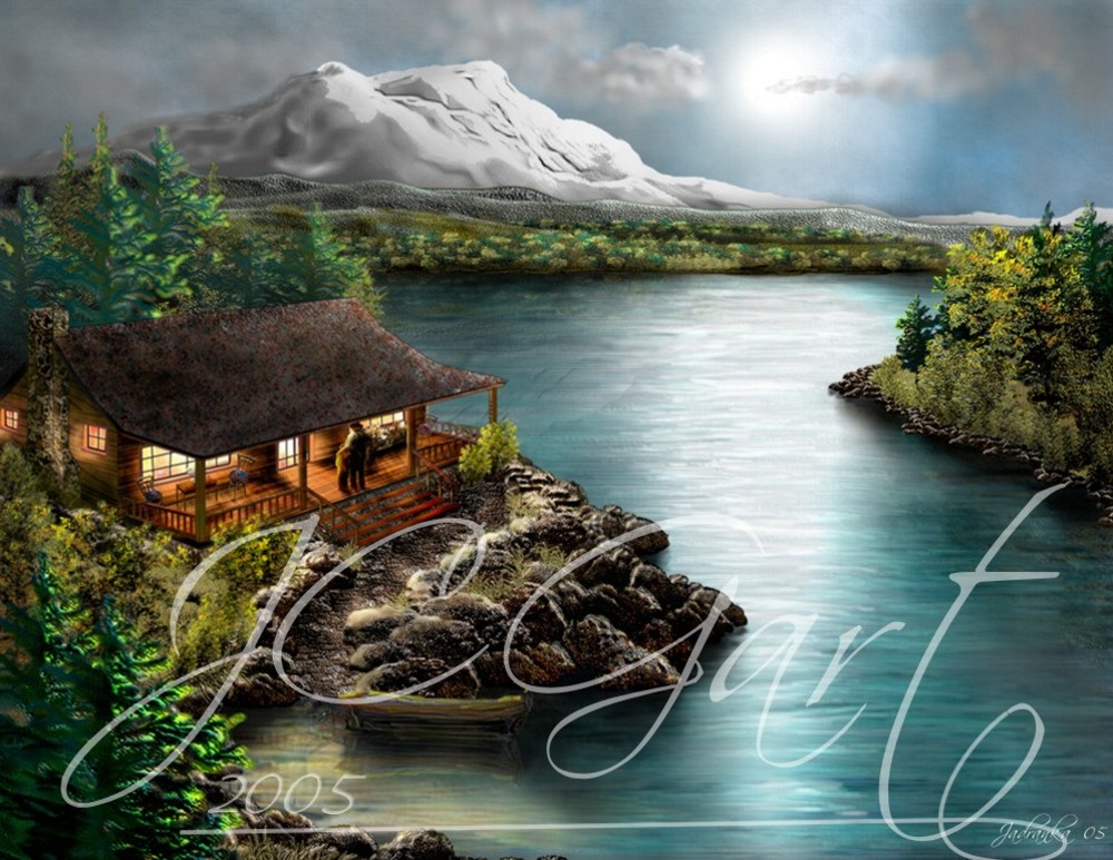 Contemporary fine art digital paintings: north america landscape, digital painting with north america landscape, digital painting north america landscape realized in fine art digital painting - moonlight - light -window - reflexions - lake - mountain - cottage - landscape - scenic- peaceful retreat