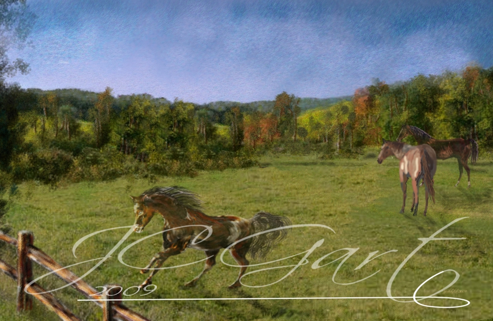 Contemporary fine art digital paintings: horse, digital painting with horse, digital painting horse realized in fine art digital painting - landscape - scenary - countryside - prairie - nature - horse - animal - United States - Midwest