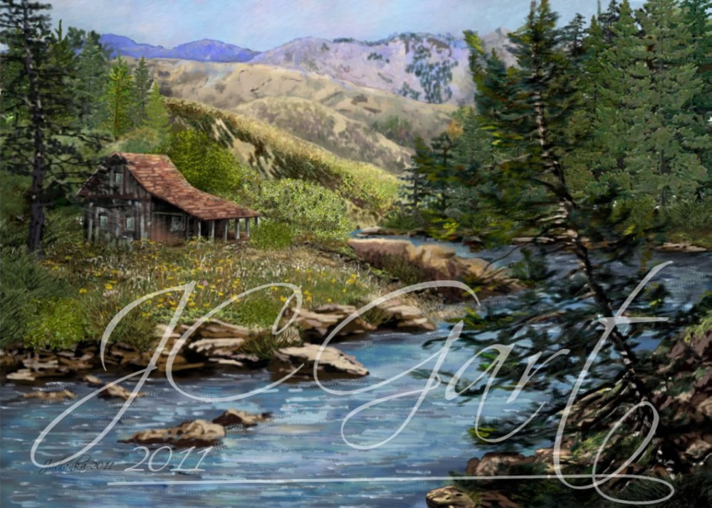 Quadro moderno arte contemporanea digitale: Idaho cabin, quadro moderno con paesaggio montagna torrente, quadro montagna torrente realizzato in fine art digital painting