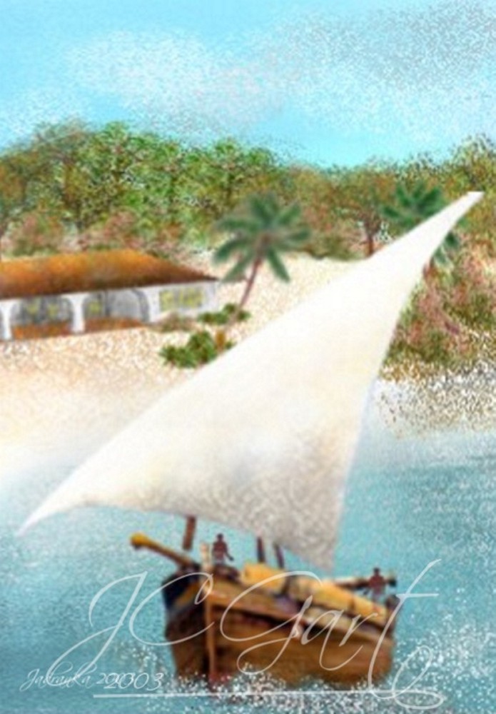 Contemporary fine art digital paintings: indian ocean sailing, digital painting with indian ocean sailing, digital painting ocean sailing realized in fine art digital painting - Africa - East Africa - Indian Ocean - coast - dhow - arabic origin - sailing boat - sailing - seascape - touristic - travel