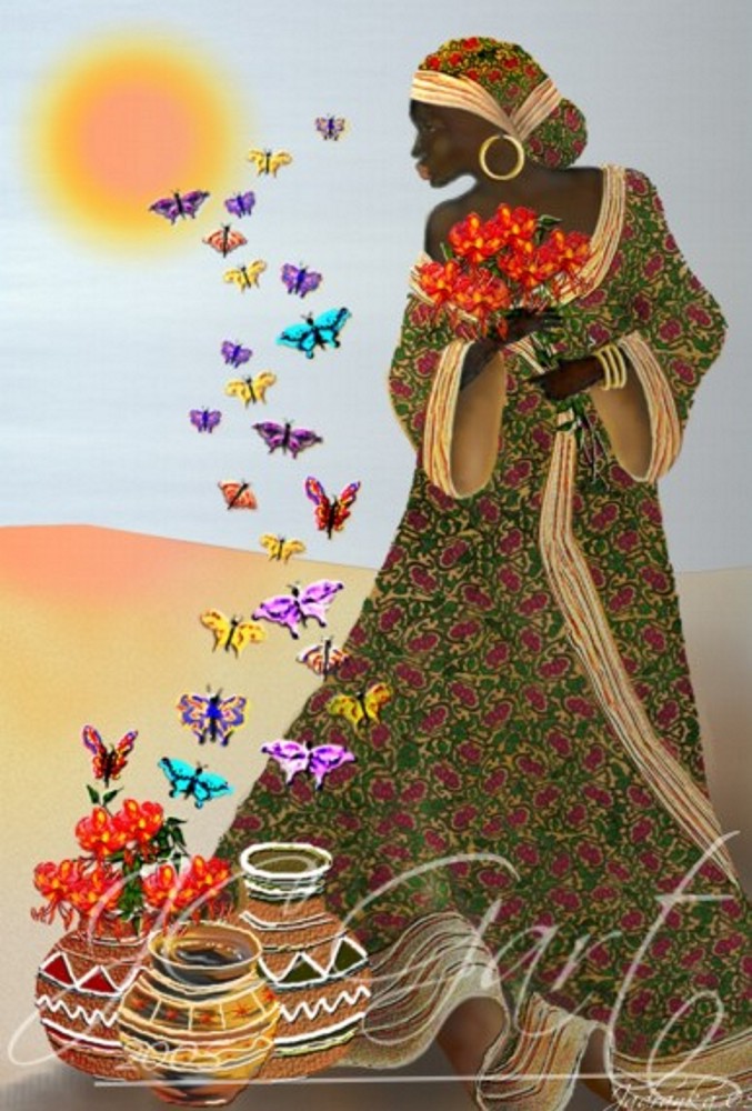 Contemporary fine art digital paintings: butterfly, digital painting with lady with butterflies, digital painting africa realized in fine art digital painting - African woman - beauty - figurative painting - African people - Africa - butterflies - romantic - pottery - poetry - dreams- flowers - cool colors - greeting card