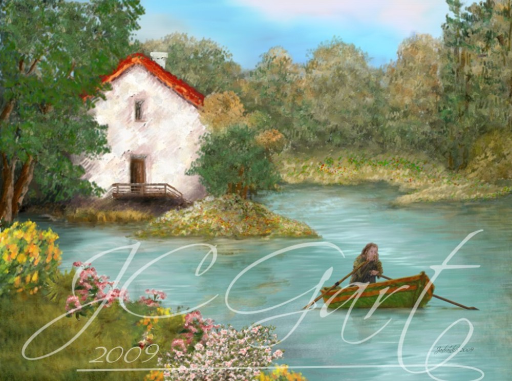 Contemporary fine art digital paintings: croatian lake landscape, digital painting with croatian lake landscape, digital painting croatian lake landscape realized in fine art digital painting - lake - cottagge - Croatia - Europe - contemporary art - neo impressionist art