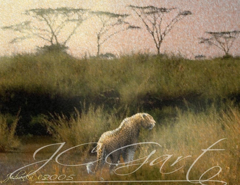 Quadro moderno arte contemporanea digitale: leopardo africano, quadro moderno con paesaggio savana africana con leopardo, quadro africano savana realizzato in fine art digital painting