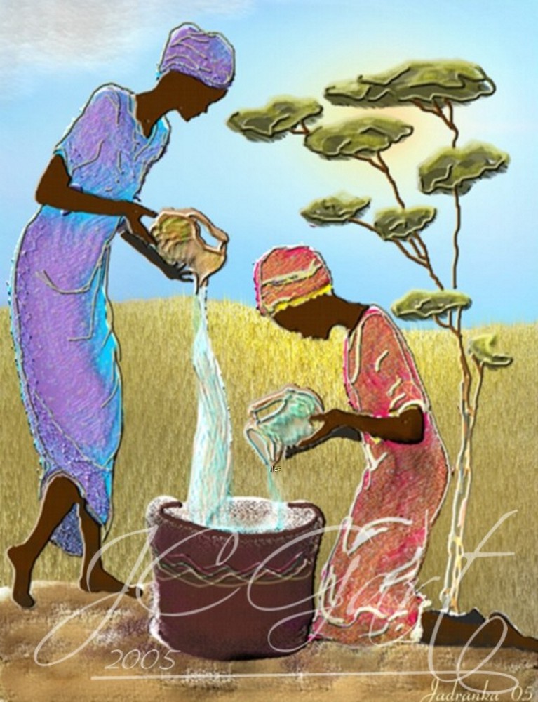 Contemporary fine art digital paintings: African life scene, digital painting with african life scene, digital painting african life scene realized in fine art digital painting - African life - African woman - African poeple - figures - woman - water - savannah