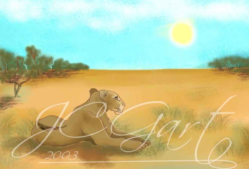 Contemporary fine art digital paintings: lioness, digital painting with lioness in savannah, digital painting lioness realized in fine art digital painting - lioness - wildlife - East Africa - safari - sunrise