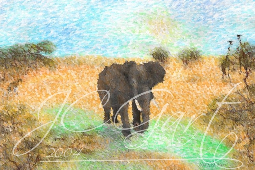 Contemporary fine art digital paintings: elephants, digital painting with elephants, digital painting elephants realized in fine art digital painting - elephant - wildlife - East Africa - safari - sunrise