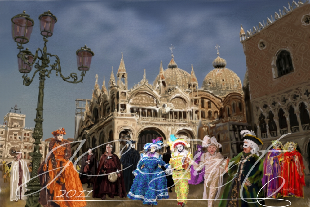 Contemporary fine art digital paintings: venice carnival, digital painting with venice carnival, digital painting venice carnival realized in fine art digital painting - mardi gras - carnival - venice - San Marco square - italy