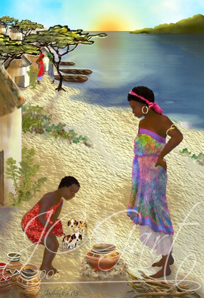 Contemporary fine art digital paintings: Morning in Luoland, digital painting with african landscape, digital painting african landscape realized in fine art digital painting - Africa - Kenya - Kisumu - Luo tribe - rural life - woman - child - lake - lake Victoria - african landscape