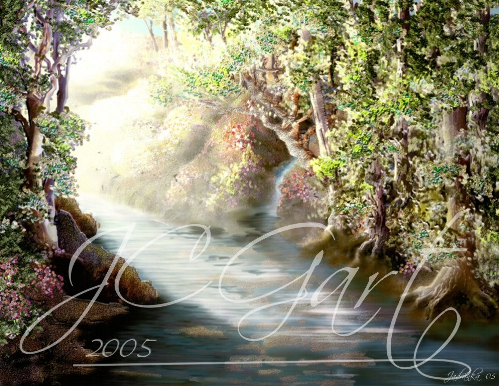 Contemporary fine art digital paintings: Morning lights, digital painting with woods landscape, digital painting creek landscape realized in fine art digital painting - woods - undergrowth - creek - scenic - sunrise