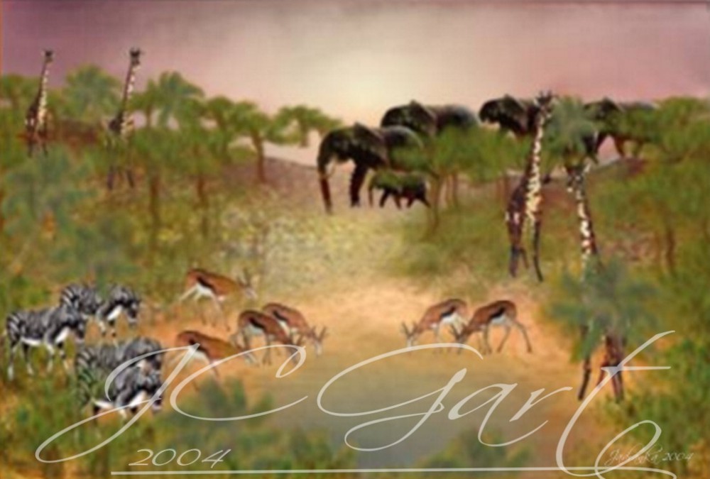 Contemporary fine art digital paintings: african savannah wild life, digital painting with african savannah wild life, digital painting african savannah wild life realized in fine art digital painting - wildlife - sunset - pond - Africa - Kenya - travel safari