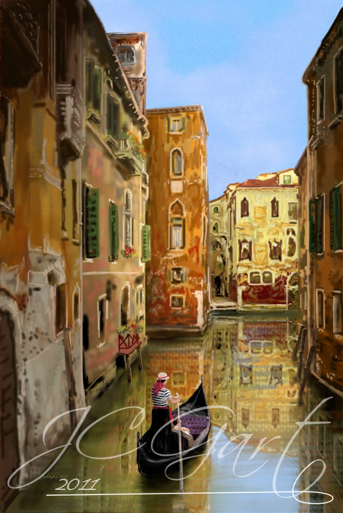 Contemporary fine art digital paintings: venice, digital painting with venice, digital painting venice landscape realized in fine art digital painting - Venezia - Europe - Italy - water reflections - canal - gondola - romantic travel