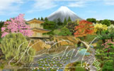 Giardino giapponese - Quadro digitale moderno di arte contemporanea con giardino Japonese ai piedi del Fujiyama immortalato nell'opera pittorica nello stile realistico contemporaneo con la tecnica fine art digital painting